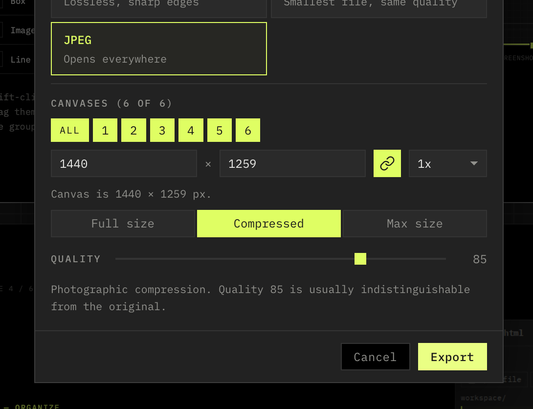 Setting the size and compression for an export