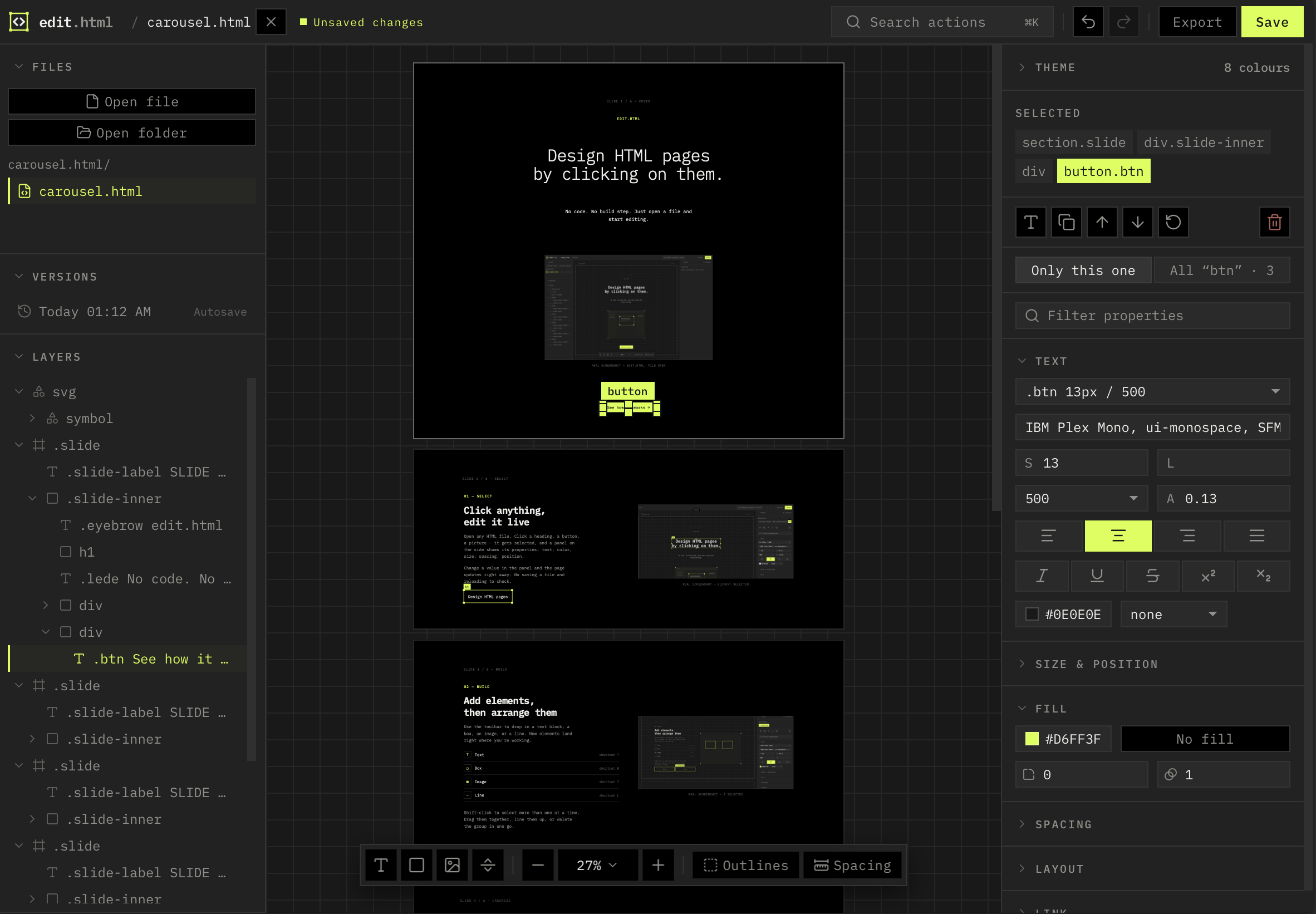 The edit.html editor with a page open